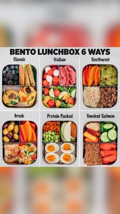 the bento lunchbox 6 ways is full of healthy food, including meats, veggies and fruit