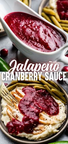 A top image close up of jalapeno cranberry sauce in a white gravy boat, and a bottom image of jalapeno cranberry sauce drizzled on mashed potatoes and turkey on a plate. Sweet Heat, Holiday Meal, Holiday Meals, Bring The Heat, Yummy Dips, Cranberry Sauce