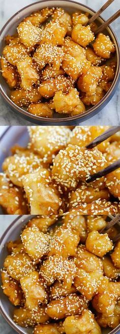 two pictures showing how to make pineapple chicken with chopsticks and sesame seeds