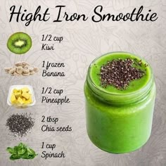 a green smoothie in a glass with ingredients to make it look like an iron smoothie