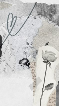 a collage with flowers and letters on the side, in black and white colors