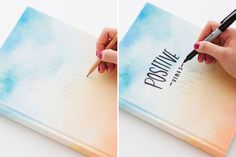 two photos of someone writing on a book