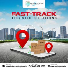 an advertisement for fast track logistic solutions, with boxes on the road and buildings in the background