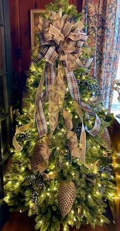 a christmas tree decorated with pine cones and bows