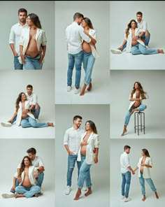 a man and woman are sitting on the floor with their arms around each other as they pose for pictures