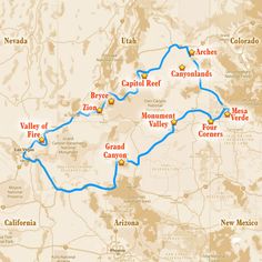 a map showing the route for canyon road and campgrounds in colorado, arizona, and new mexico