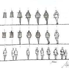 a line drawing of people walking down the street