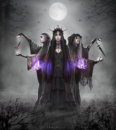 three witches standing in front of a full moon