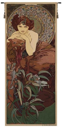 an art nouveau painting with a woman sitting on a couch