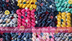 several different colored yarns and flowers on display with the words expression fibers arts august 2012 yarn giveaway