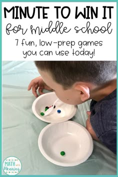 a young boy is playing with two white bowls that have green balls in them and the words, minute to win it re - middle school