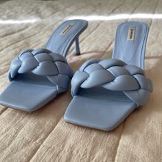 Baby Blue Braided Sandals - 2 In Heels Perfect For Spring Or Summer Trendy Light Blue Sandals With Padded Heel, Stradivarius Shoes, Beige Espadrilles, Pink Sandals Heels, Cream Sandals, Beige Sandals, Black Platform Sandals, Square Toe Sandals, Braided Sandals