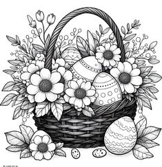 an easter basket with flowers and eggs on the side, in black and white ink