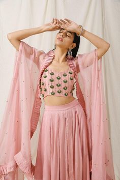 Onion Pink Palazzo with Onion Pink Cape Set of 3 - Trendroots Organza Palazzo Set With Traditional Drape, Floral Embroidered Choli With Cape Sleeves For Parties, Party Choli With Floral Embroidery And Cape Sleeves, Party Choli With Cape Sleeves And Floral Embroidery, Festive Spring Sets With Cape Sleeves, Designer Silk Sharara With Cape Sleeves, Embroidered Sets With Cape Sleeves For Summer, Embroidered Summer Sets With Cape Sleeves, Designer Sharara With Silk And Cape Sleeves