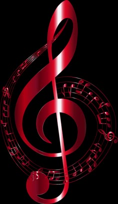 a red treble with music notes on it's sides and an apple in the middle