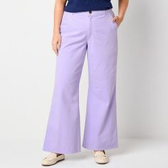 These stylish St. John's Bay wide-leg trousers are designed to be a tailored everyday essential. They're crafted from stretch cotton-twill for a high-rise with a wide-leg silhouette, a button-zip fly and front and back slip pockets. Style yours with a blouse and loafers. Front Style: Flat FrontClosure Type: Button & ZipperFit: Regular FitPockets: 2 Front Slip Pockets, 2 Back Slip PocketsRise: High RiseBase Material: 98% Cotton, 2% SpandexFiber Content: 98% Cotton, 2% SpandexFabric Description: W Purple Pants, Pants Trousers, Wide Leg Trousers, Stretch Cotton, Trousers Women, Cotton Twill, Everyday Essentials Products, High Rise, Wide Leg