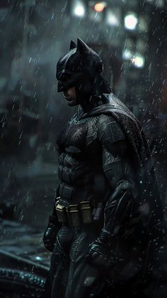 the dark knight in batman's costume standing in the rain with his hands on his hips