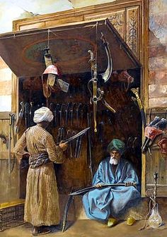 an old painting of two men in front of a kiosk with tools hanging from it