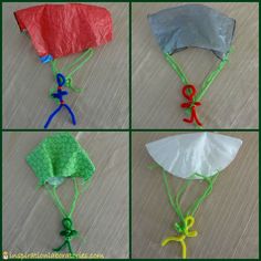 four pictures of different types of kites on the ground and one has scissors attached to it