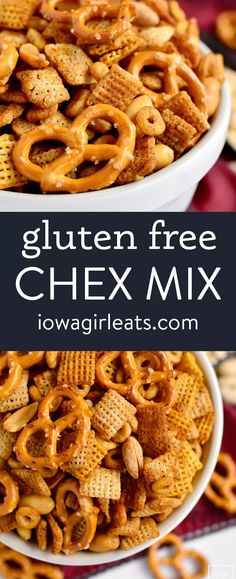 two bowls filled with chex mix and the title reads gluten free chex mix