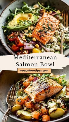 Macro Friendly Salmon Bowl, Mediterranean Salmon Bowl Recipe, Healthy Meal Prep Salmon, Healthy Mediterranean Bowl Recipes, Healthy Bowl Dinners, Smoked Salmon Bowls, Whole Food Bowls, Blackened Salmon Salad, Meditrainian Bowl