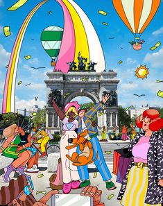 an image of cartoon characters celebrating in front of a building with balloons and confetti