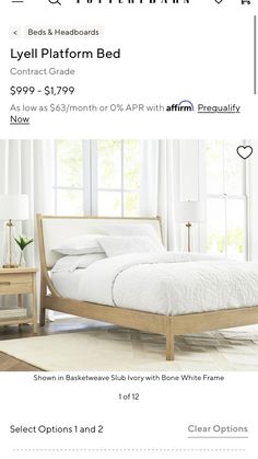 a bed with white sheets and pillows is on sale for $ 599 / month