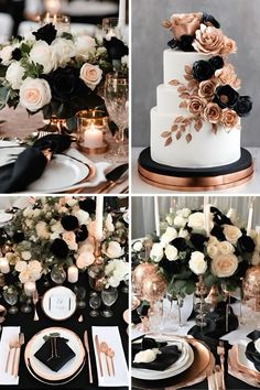 four different pictures of black and white wedding cake with roses on top, gold rimmed plates