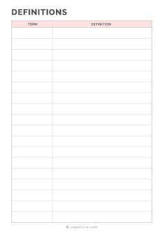 a printable sign up sheet with the words definition and description in red on it