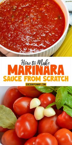 how to make marinara sauce from scratch in a white bowl with basil and tomatoes