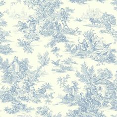 Campagne Toile Wallpaper in Blue by Ashford House for York Wallcoverings Waverly Wallpaper, Toile Wallpaper, Toile Pattern, French Country Bedrooms, French Toile, Blue Toile, Toile Fabric, York Wallcoverings, Country Bedroom