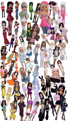 a collage of barbie dolls all dressed up in different outfits and haircuts