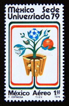 a postage stamp from mexico shows a plant with flowers and soccer balls on it stock photos