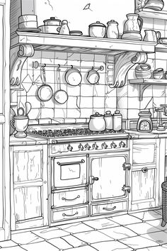 a drawing of a kitchen with pots and pans on the stove top, oven