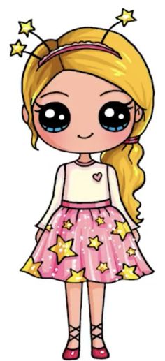 a cartoon girl with big eyes and stars on her head, wearing a pink dress