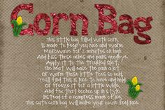 the words corn bag are written in red and green letters on a brown fabric background