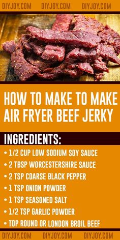 how to make air fryer beef jeky recipe on a cutting board with instructions