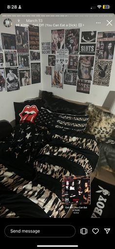 a bed room with a neatly made bed and pictures on the wall above it,