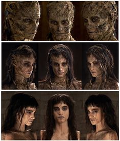 four different pictures of the same woman with hair and makeup, one is wearing zombie makeup