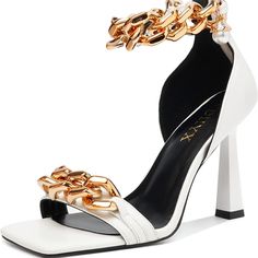 Gold Chain Square Open Toe 3.2 Inch Heel No Box But Can Include One If You Need Never Worn White Luxury Dress, Black Luxury Dress, High Heels For Women, Stylish Footwear, Ankle Dress, Dress Heels, Womens Stilettos, Heels For Women, Black Luxury