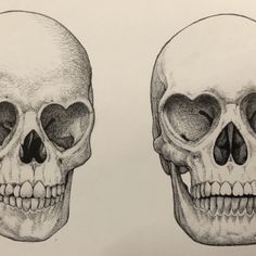 two drawings of skulls with hearts on their foreheads, one in black and white