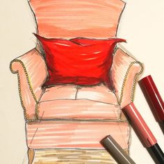 a drawing of a chair with a red pillow on it