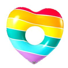 a large heart shaped balloon with multicolored stripes on the outside and inside, against a white background