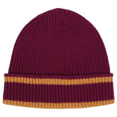 a maroon and gold striped beanie hat