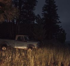 an old pick up truck parked in the middle of a grassy field at night time