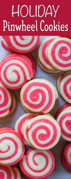 red and white striped cookies with text overlay that reads holiday pinwheel cookies