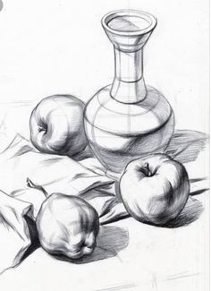 a drawing of apples and a vase on a table