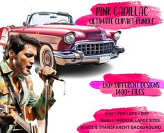 a man holding a guitar and singing into a microphone next to an old car with the words pink cadillac ultimate cuppet bundle