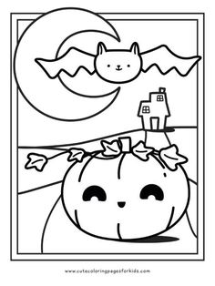 a coloring page with a pumpkin and a cat on the moon in front of a house