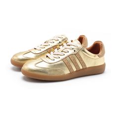 Army Trainer Leather Low-top Sneakers for Women With Stripes in Golden/Silver Gold Sneakers Outfit, Golden Sneakers, Sneakers Outfit Casual, Golden Shoes, Gold Adidas, Beige Sneakers, Oxford Sneakers, Metallic Sneakers, Silver Sneakers